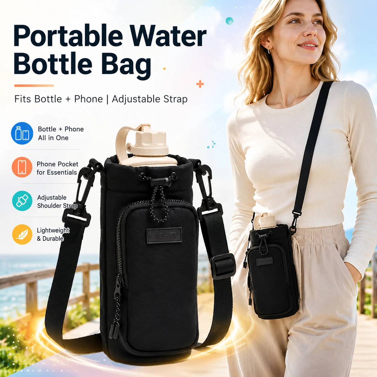 Tragbare Wasserflaschentasche, Outdoor-Sport, Telefon, Aufbewahrungstaschen für Wasserflaschen, Wandern, Camping, Reisen, Wasserkocher-Tasche mit Schultergurten