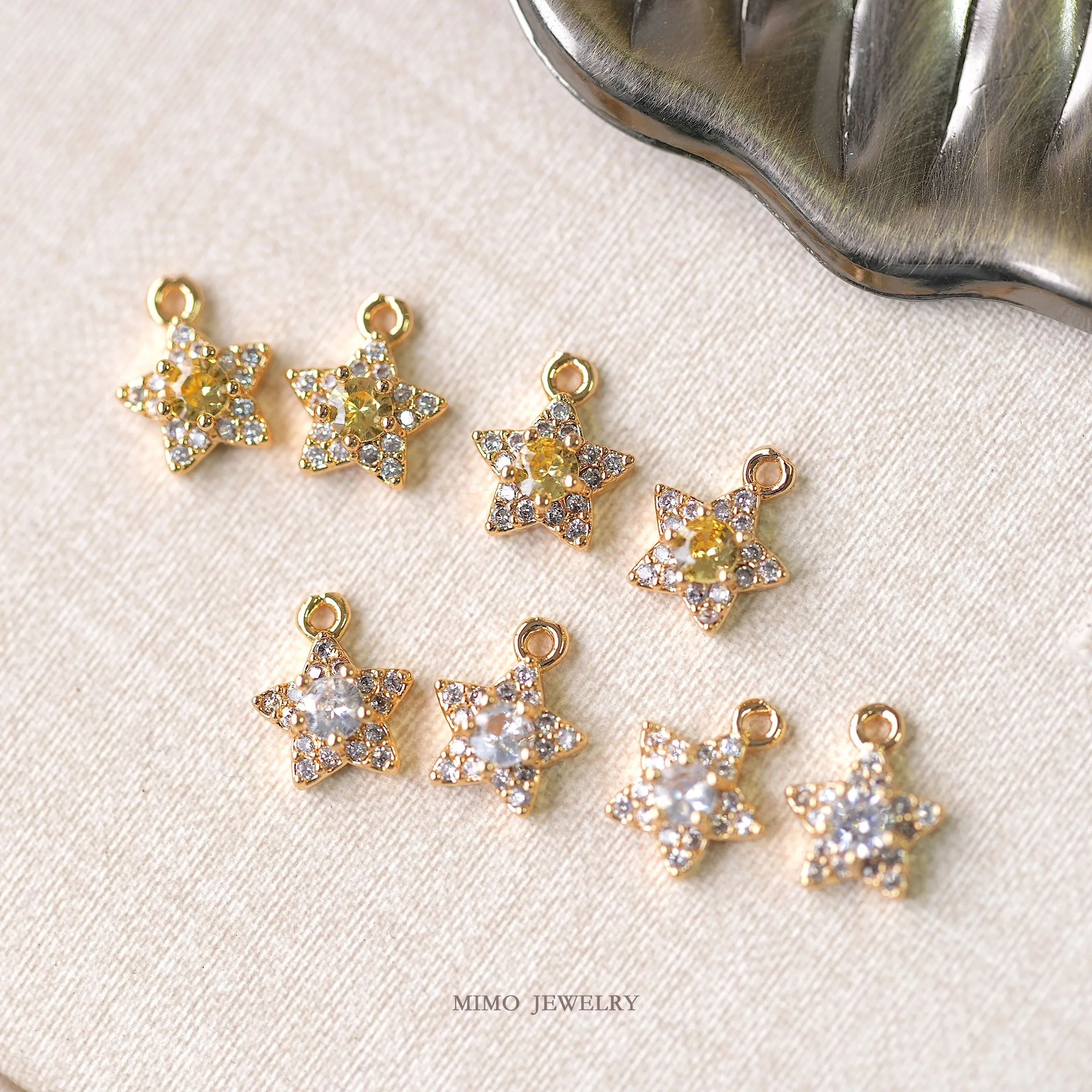 Yellow and White Zircon Sparkling Small Stars Charms Pendant Supplies DIY Hand Brass Gold Plated Accessories 9x7.5mm