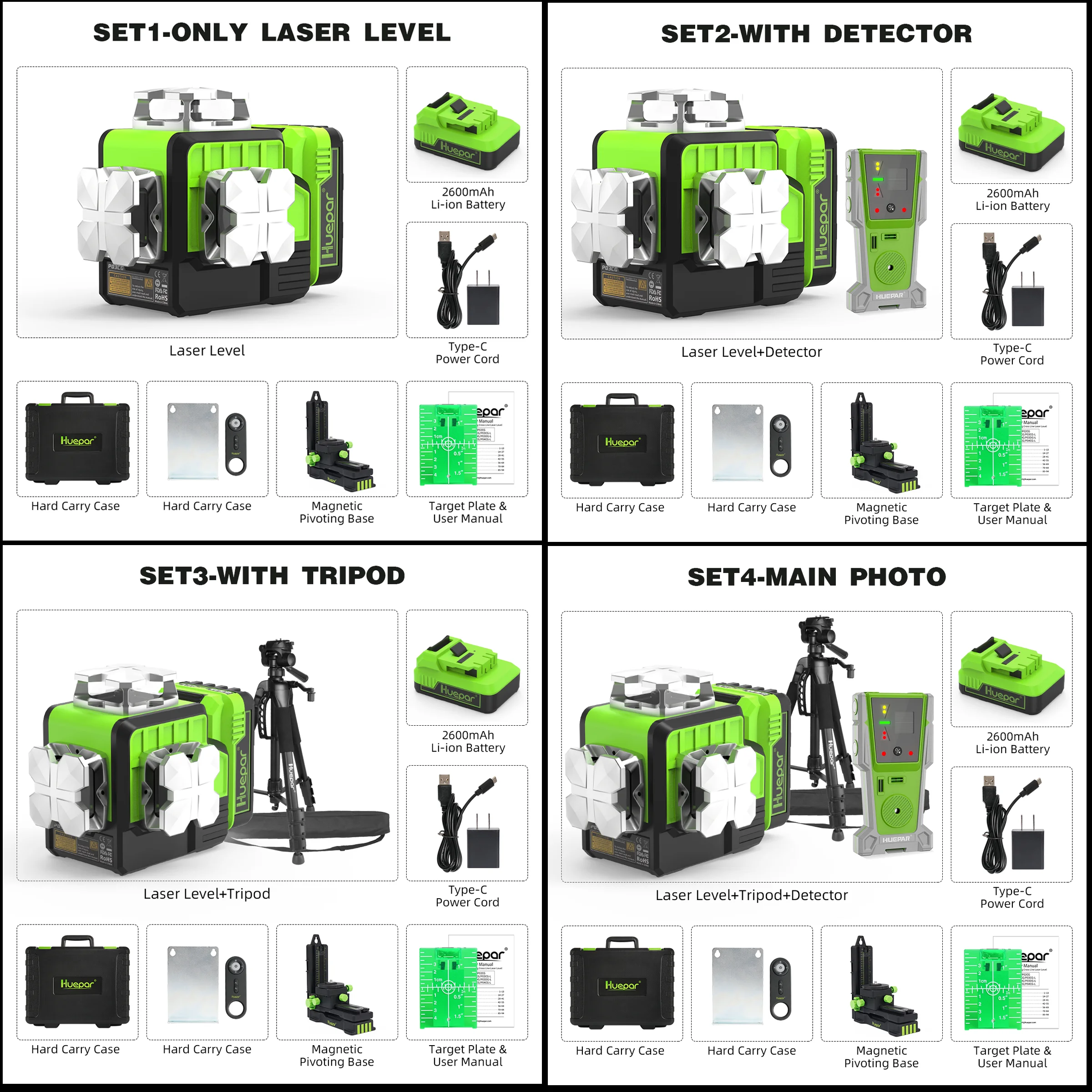 Huepar 12라인 3D 그린 레이저 레벨, 리모컨, 블루투스, 수신기/삼각대, 자동 레벨링 및 마그네틱 베이스, 건설용 P03