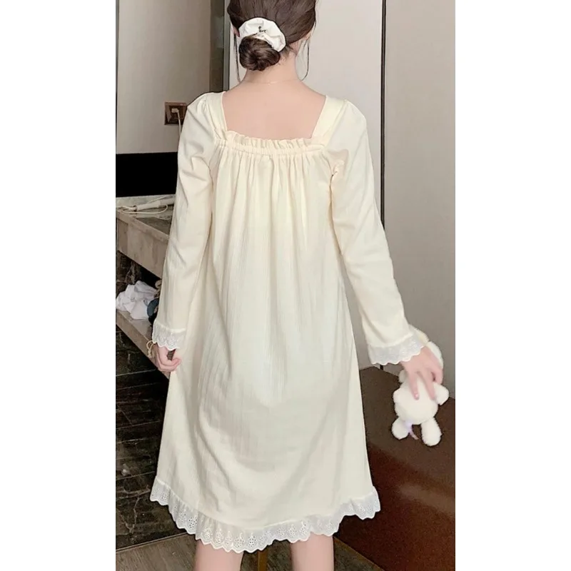 2024 New Long Sleeve Nightdress Spring Autumn Princess Style Lace Sleepwear Loose Pajamas Women's Square Neck Loungewear Dress