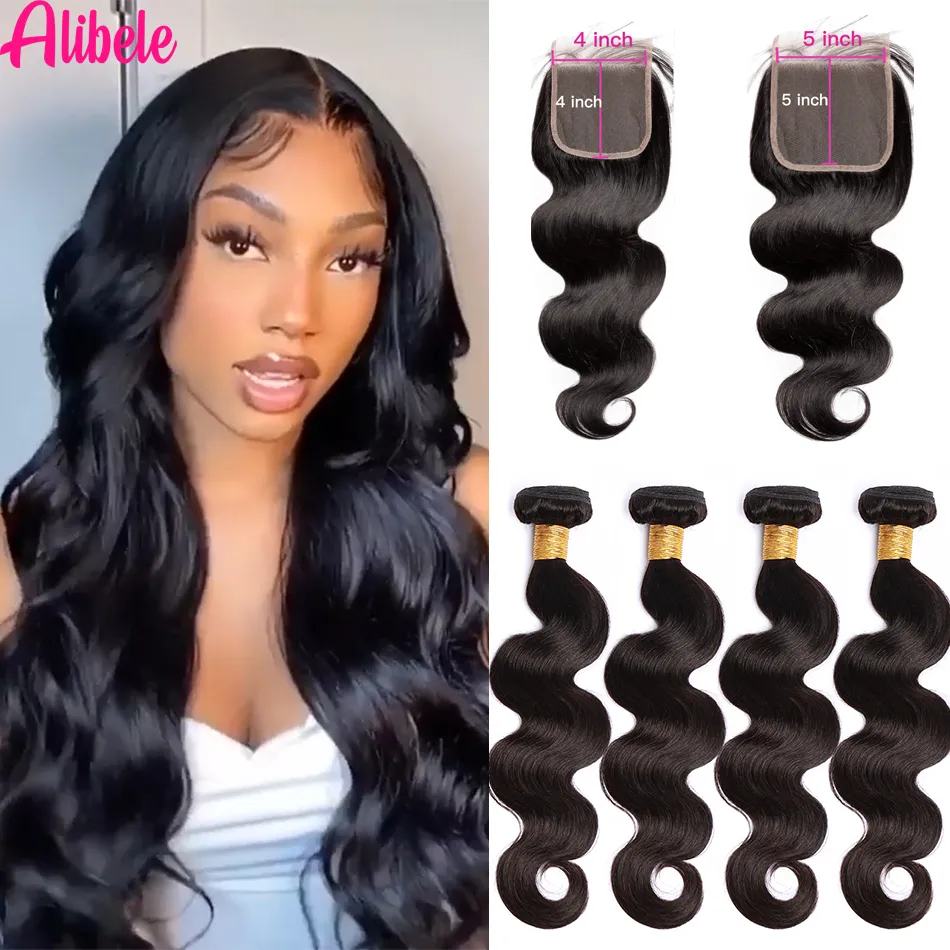 Alibele 5x5 HD Lace Closure With Bundles Brazilian Body Wave Bundles With Closure 10-32 Inch Long Hair Bundles With 4x4 Closure