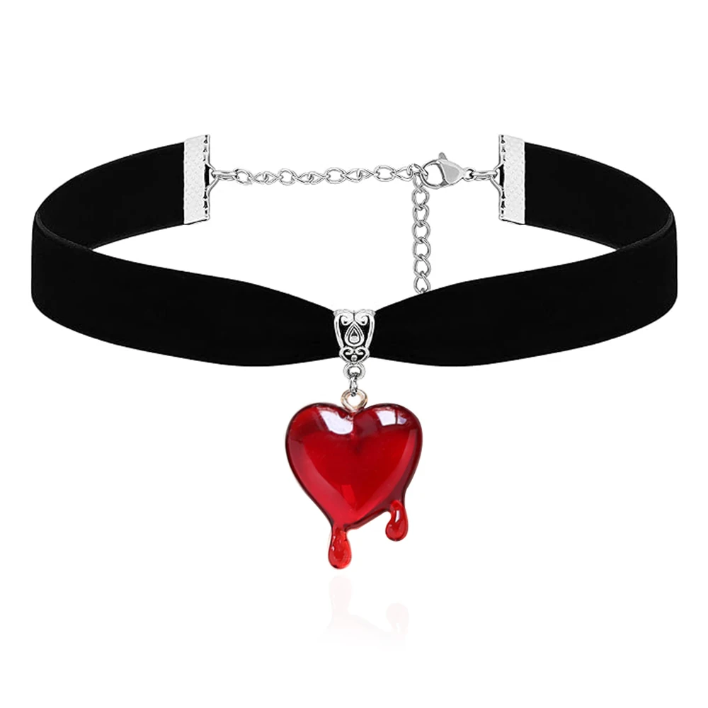 Y2K Dropping Blood Heart Choker Necklace Black Velvet Red Heart Pendent Choker Vampire Jewelry Gift For Women