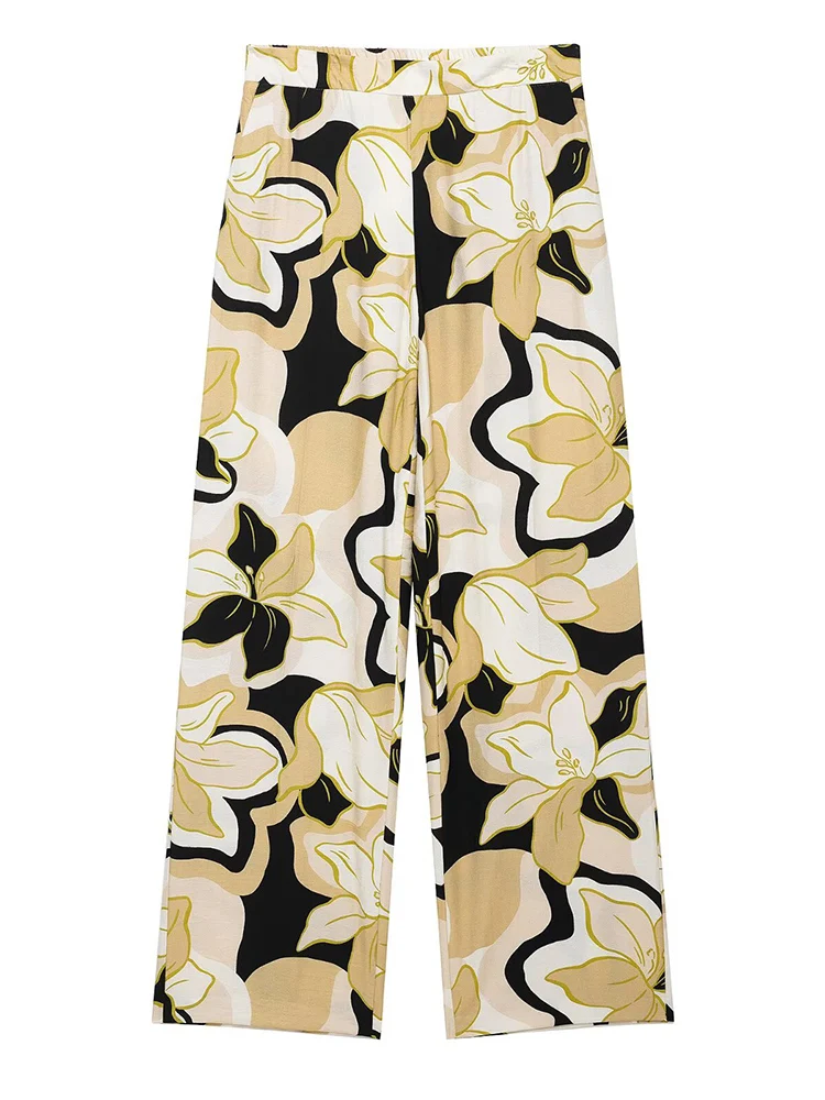 

KUCLUT Women Fashion Printed Wide Leg Pants Vintage High Elastic Waist Full Length Female Chic Lady Trousers