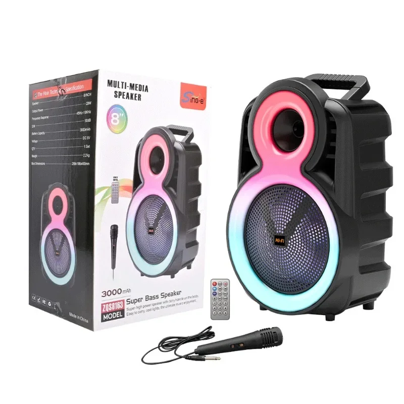 ZQS8163 8inch Portable Bluetooth Audio HIFI Speaker with RGB Light Wired Mic and Remote Control Outdoor Party Karaoke Subwoofer