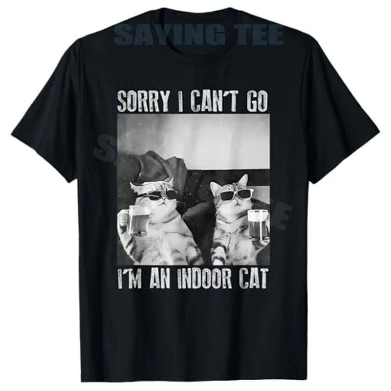 Funny Indoor Cat Meme Sorry I Can’t Go Retro Beer Lover T-Shirt Kitty Drinking Y2k Graphic Saying Tee Women Men Fashion Clothes