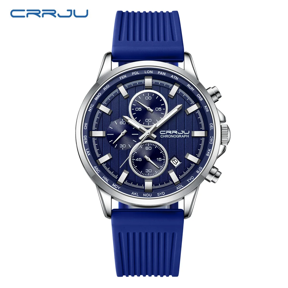 CRRJU-Montre de luxe étanche avec bracelet en cuir pour homme, chronographe à quartz, style militaire