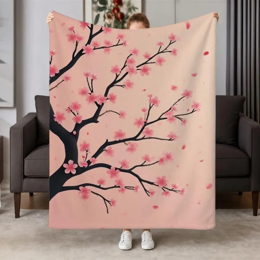 Serene Cherry Blossom Flannel Throw Blanket - Soft & Warm Pastel Pink Design with Elegant Tree Motif, Ideal for Couch, Bed, Office & Travel, Perfect Gift for Family & Friends, Machine Washable 2D Flat Weighted Blanket 280GS