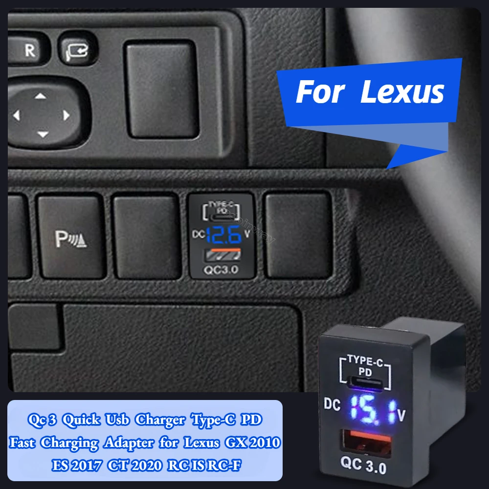 Qc 3 Voltage Display Quick Usb Charger Type-C PD Fast Charging Adapter for Lexus GX 2010 ES 2017 CT 2020 RC IS RC-F Accessory