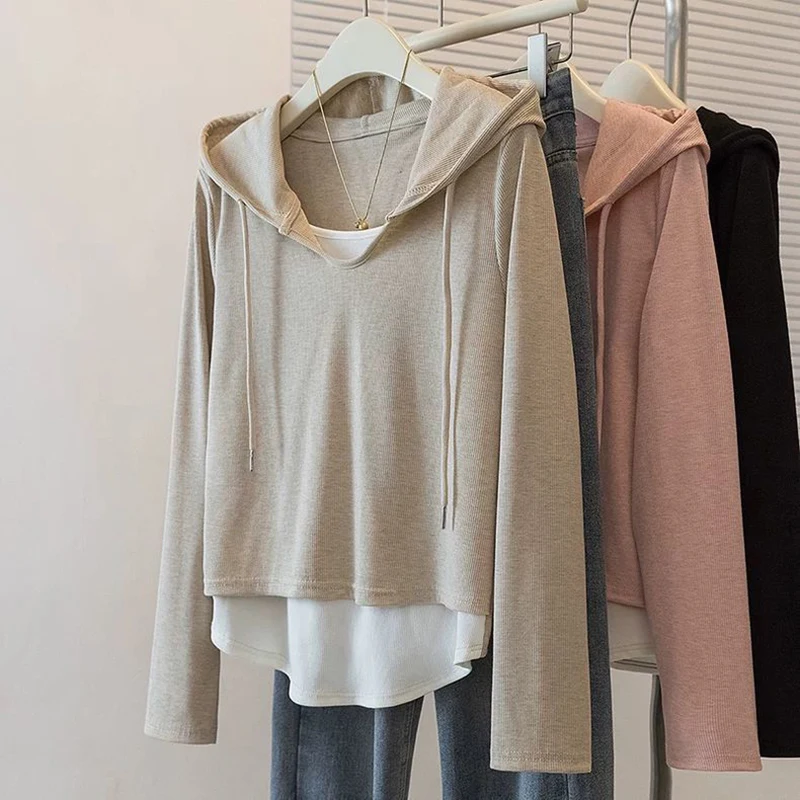 Spring Irregular Hem Women Long Sleeve Hooded T Shirt Fake Two Piece Korean Fashion All-match 2xl Oversized Pullover Black Khaki