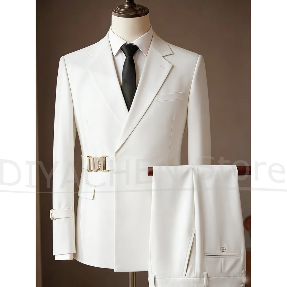 

Men Suit 2 Piece Set With Gold Buckle Belt Notch Lapel Outfit Slim Fit Formal Wedding Groom Blazer Pants For Banquet Prom Party
