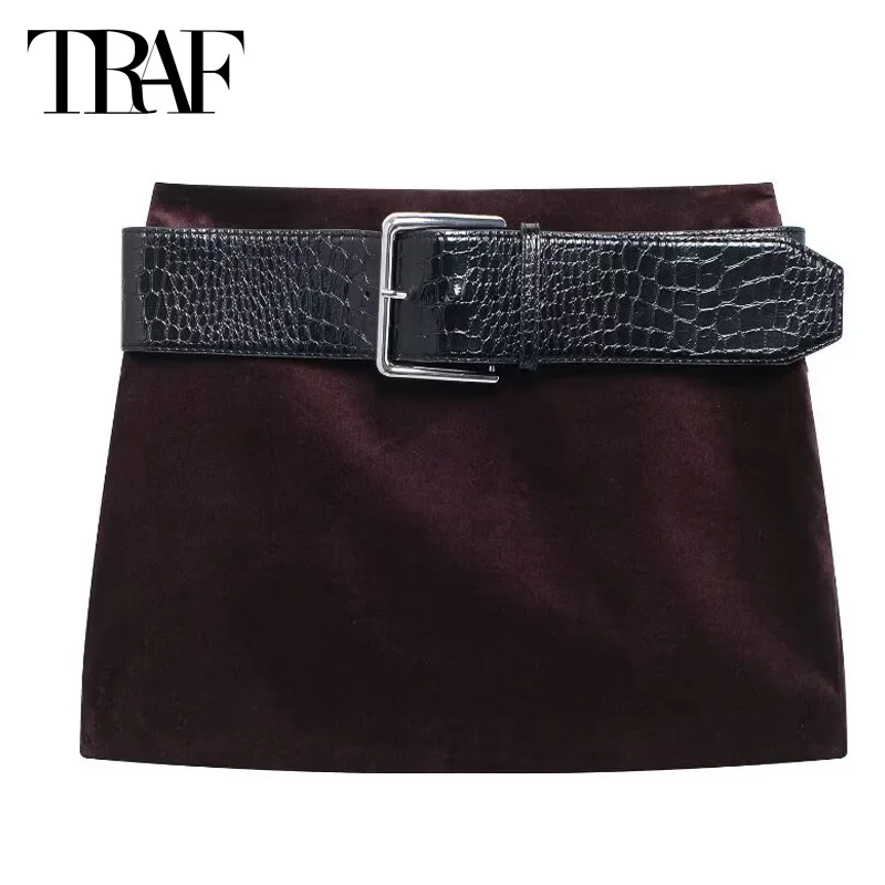 

TRAF Women's Skirt Velvet Mini Skirt 2024 Woman Autumn Skirt Office Wear Women A-Line High Waist Skirt Aesthetic Elegant Skirts