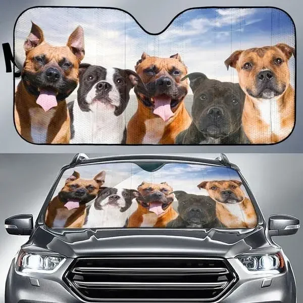 Funny Staffordshire Bull Terrier Family Dog Lover Car Sunshade, Staffie Family Auto Sunshade for Car Decor, Car Windshield Durab