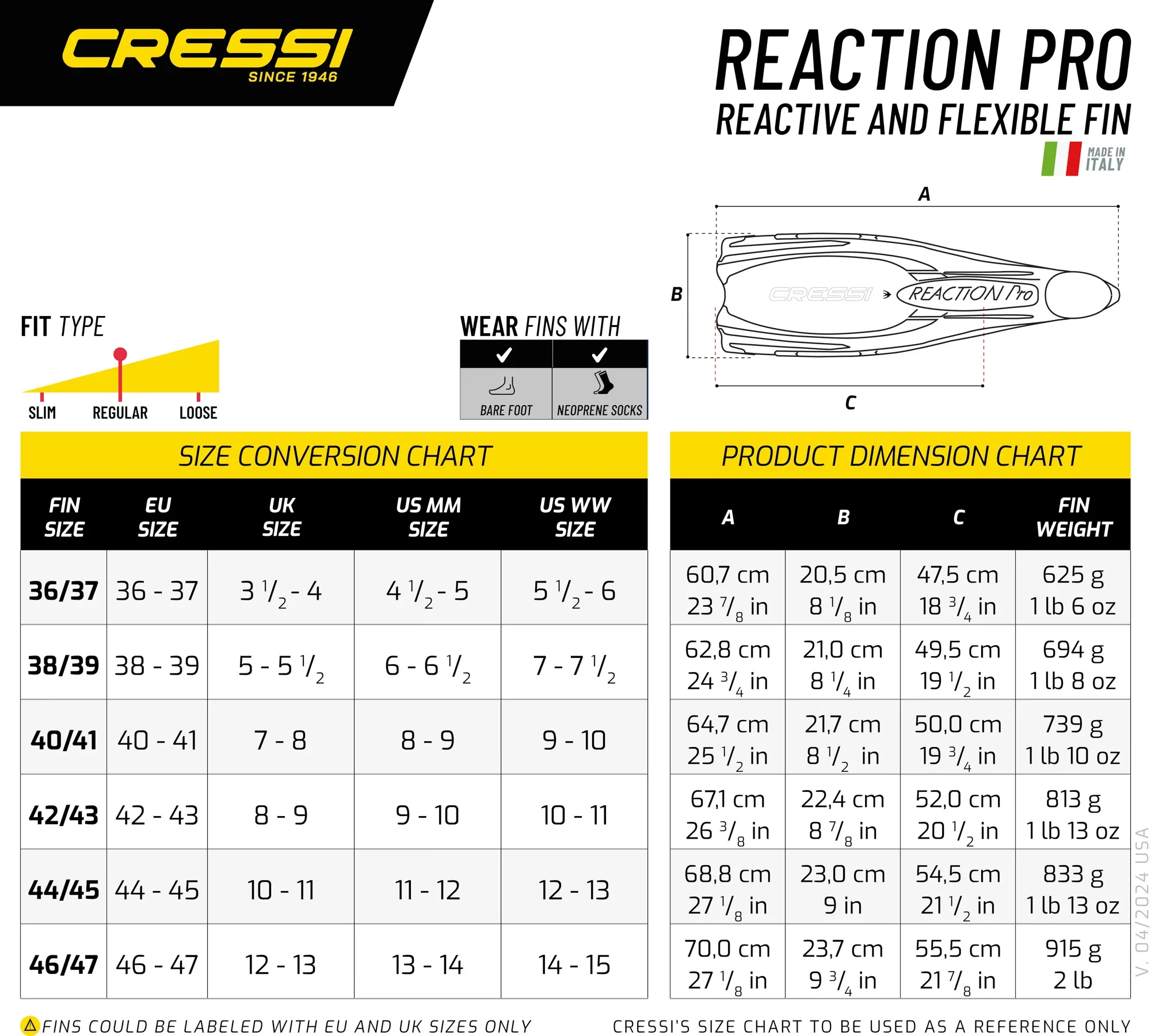 Cressi Reaction Pro Scuba Diving Fins Snorkeling Free Diving Fin Full Foot Long Blade Multi-Usage Fin Flipper for Adults