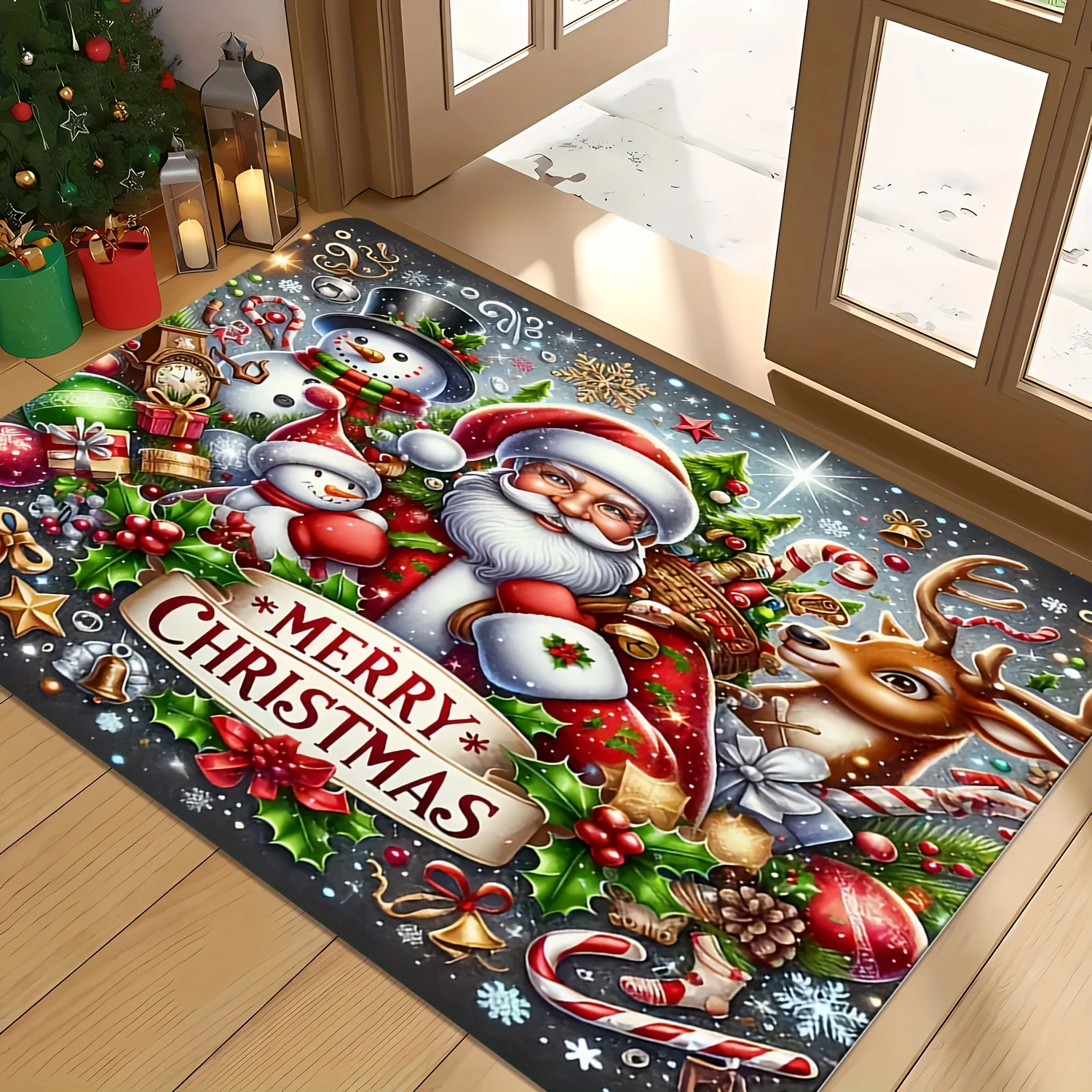 Merry Christmas Front Door Mat  Buffalo Plaid Christmas Tree Snowflake Print Black Background Winter Holiday Welcome Doormat
