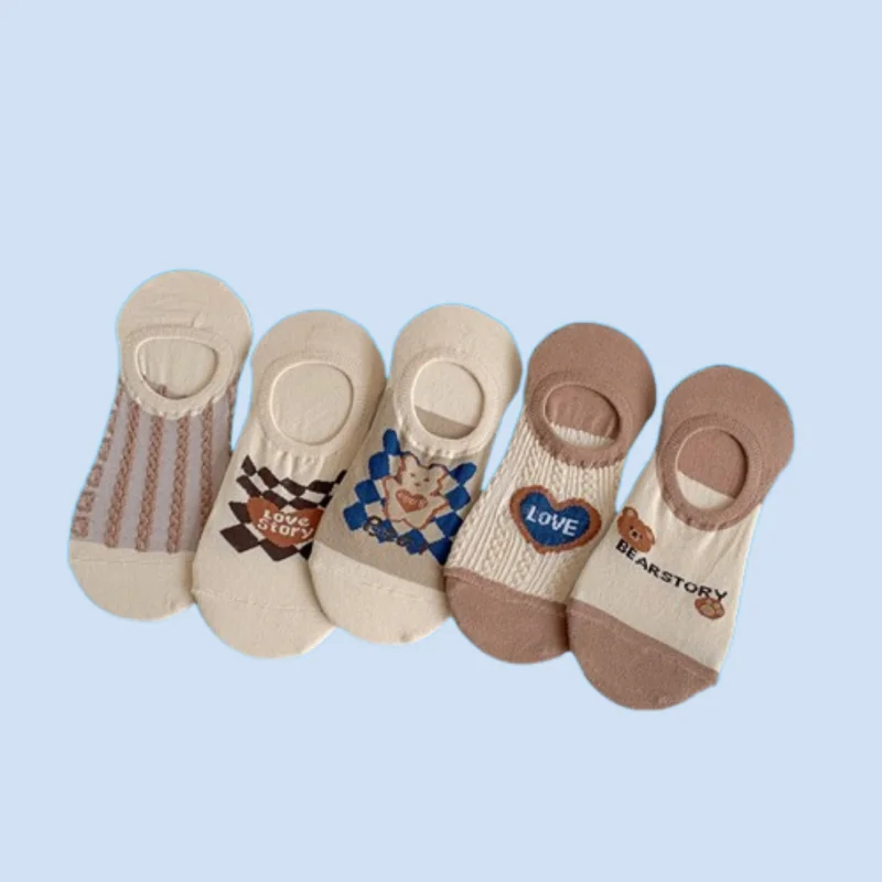 5/10 Pairs Thin Socks Simple Cartoon Girl Heart Khaki Color Socks Breathable Fashion Boat Socks Spring and Summer Women's Socks