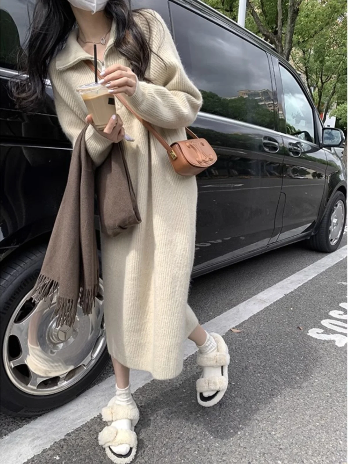 Long-sleeved knitted sweater dress women's new model with coat loose lazy style long inner sweater skirt