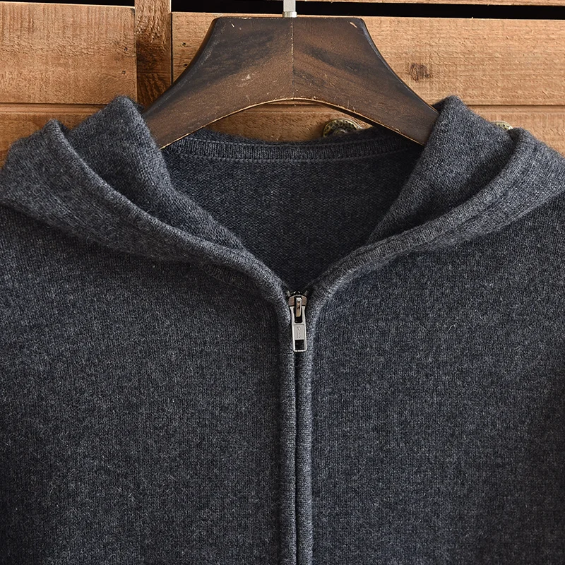 Suéter de cachemira pura para hombre, cárdigan grueso de doble trenzado, chaqueta con capucha, gorro de punto con cremallera de bolsillo, color