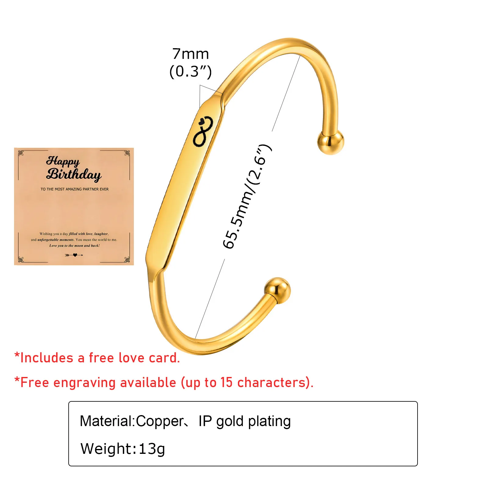 Pulsera de nominación de joyería de pareja de acero inoxidable personalizada mensaje grabable, símbolo de regalo romántico de diseño abierto del amor eterno