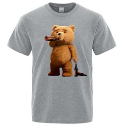 Lovely Ted Bear Drink Beer Poster Printing Men Tops Fashion Tee 2023 Summer Brand T-Shirt Oversized Loose Cotton Men's Tshirt