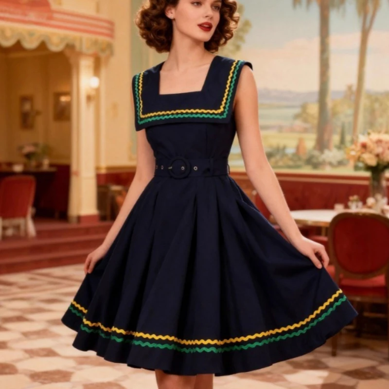 

2026 New Retro French Hepburn Sweet Sleeveless Midi Dress with Belt Large Skirt Hem Square Collar Dual Color Weave Band Dresses