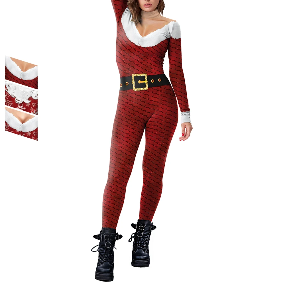 

Zawaland Christmas Women Men Jumpsuit Holiday Party Funny Cosplay Costumes Stage Performance Long Sleeve 3D Printing Bodysuit