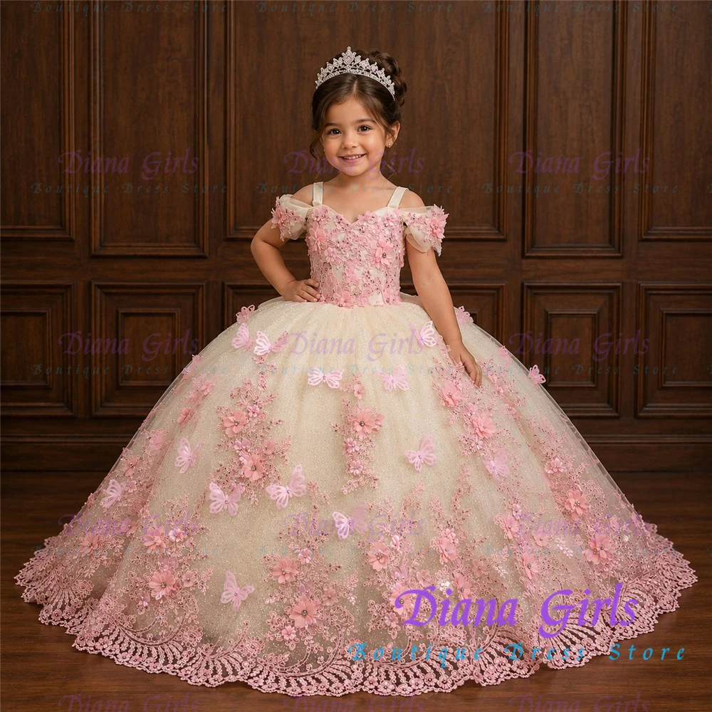 Quality New Luxurious Flower Girl Dress Tulle Fluffy with Exquisite Pink Applique for Kids Wedding Birthday Evening Ball Gowns