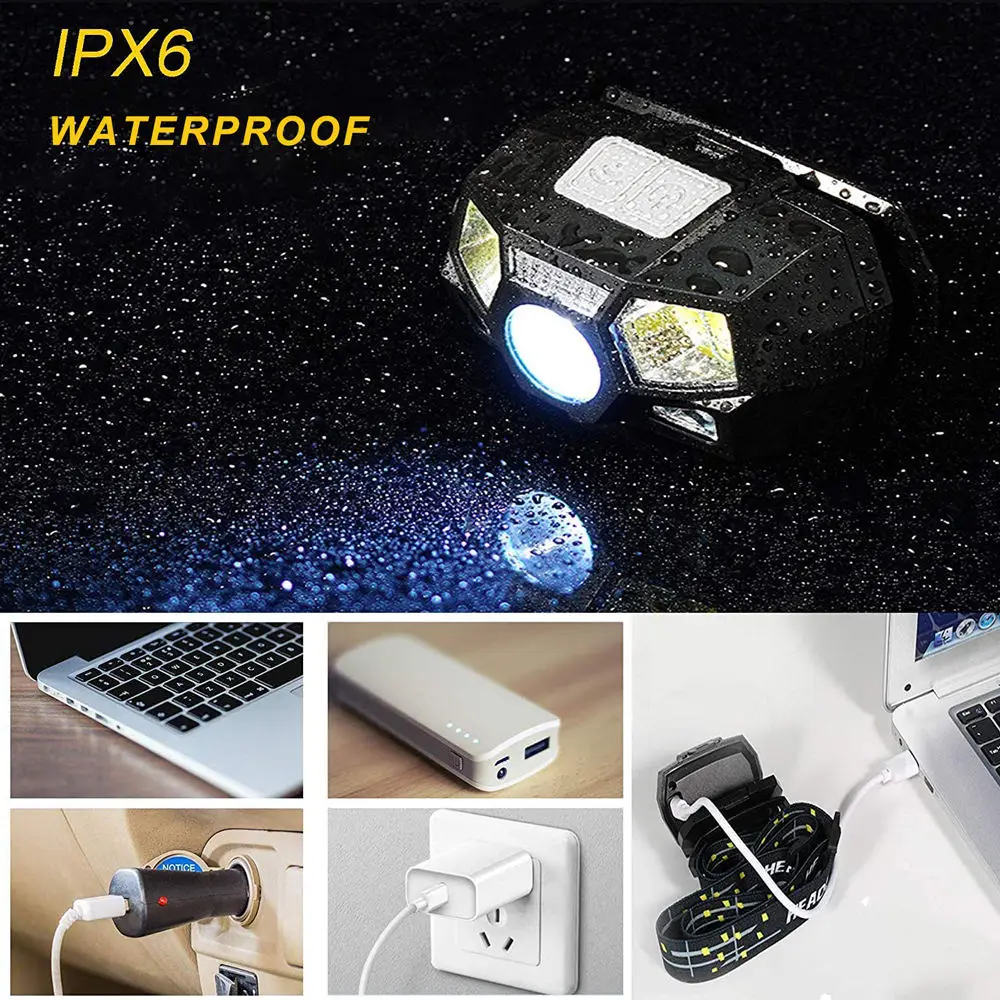 5 modes of waterproof torch, high-power LED headlights, USB rechargeable motion sensor, LED COB flashlight