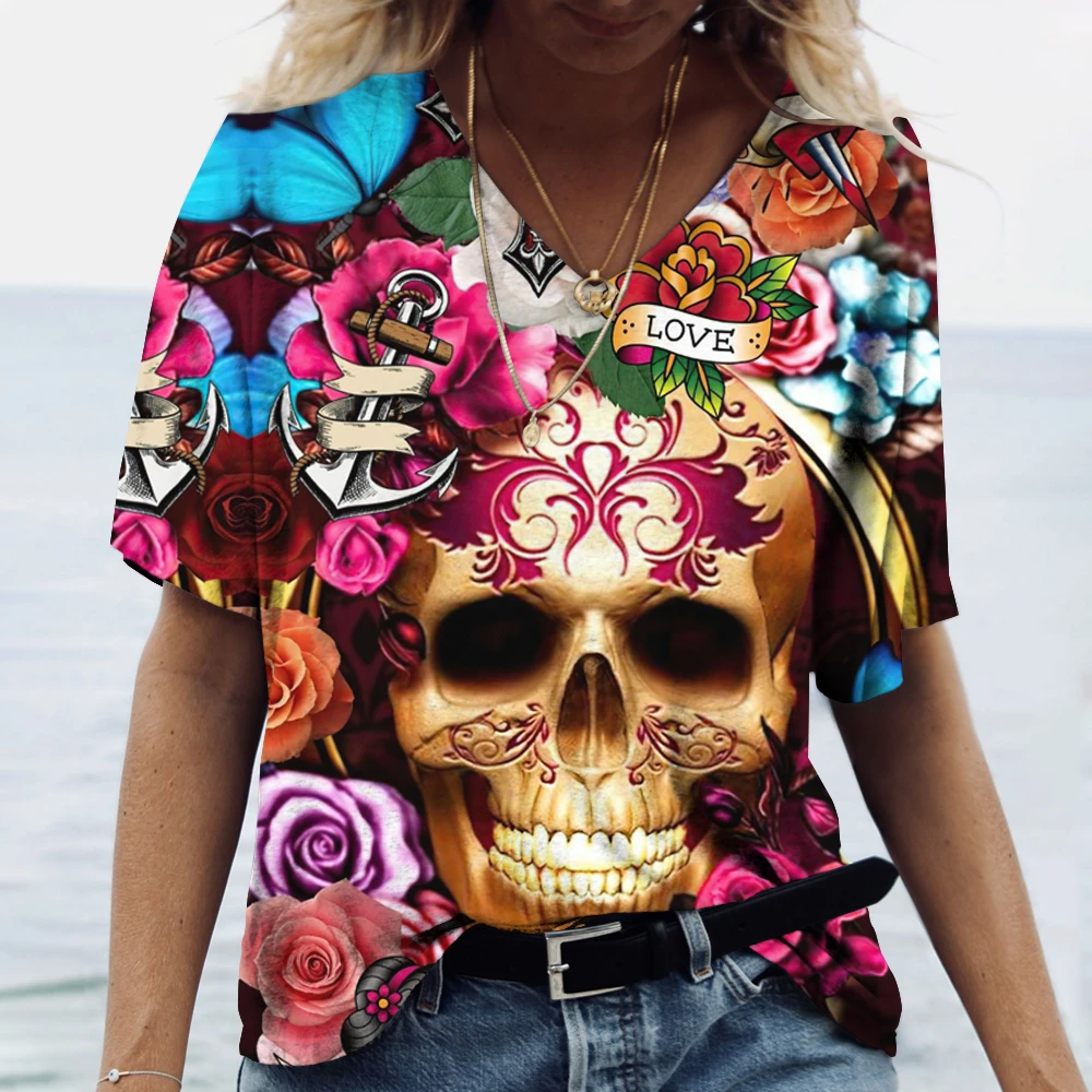 Funny 3D Skull Print T Shirt For Women Summer Hot Sale Short Sleeve Tops Fashion V-neck Women\'s T-Shirts Casual Loose Female Tee