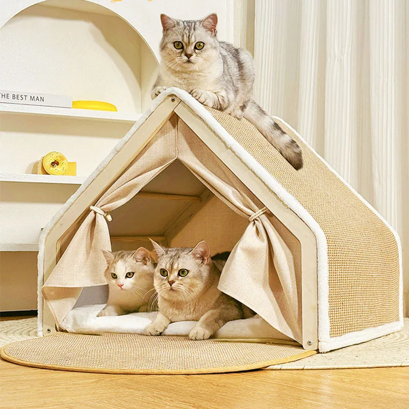 

Cat House Wooden Cat Scratcher Bed Summer Pet Tent Portable Cat Sleeping Houses Indoor Cat Pets For Kitten Puppie Hiding Tent