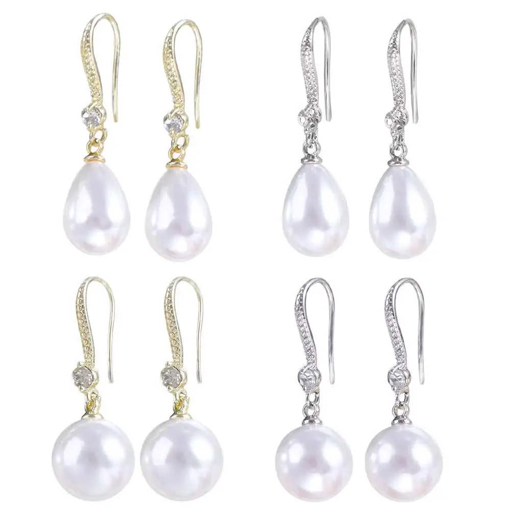 Water Drop Shape Long Earrings Shell Beads Simulation Freshwater Pearl Drop Earrings Temperament Rhinestone Ear Hook Ear Jewelry