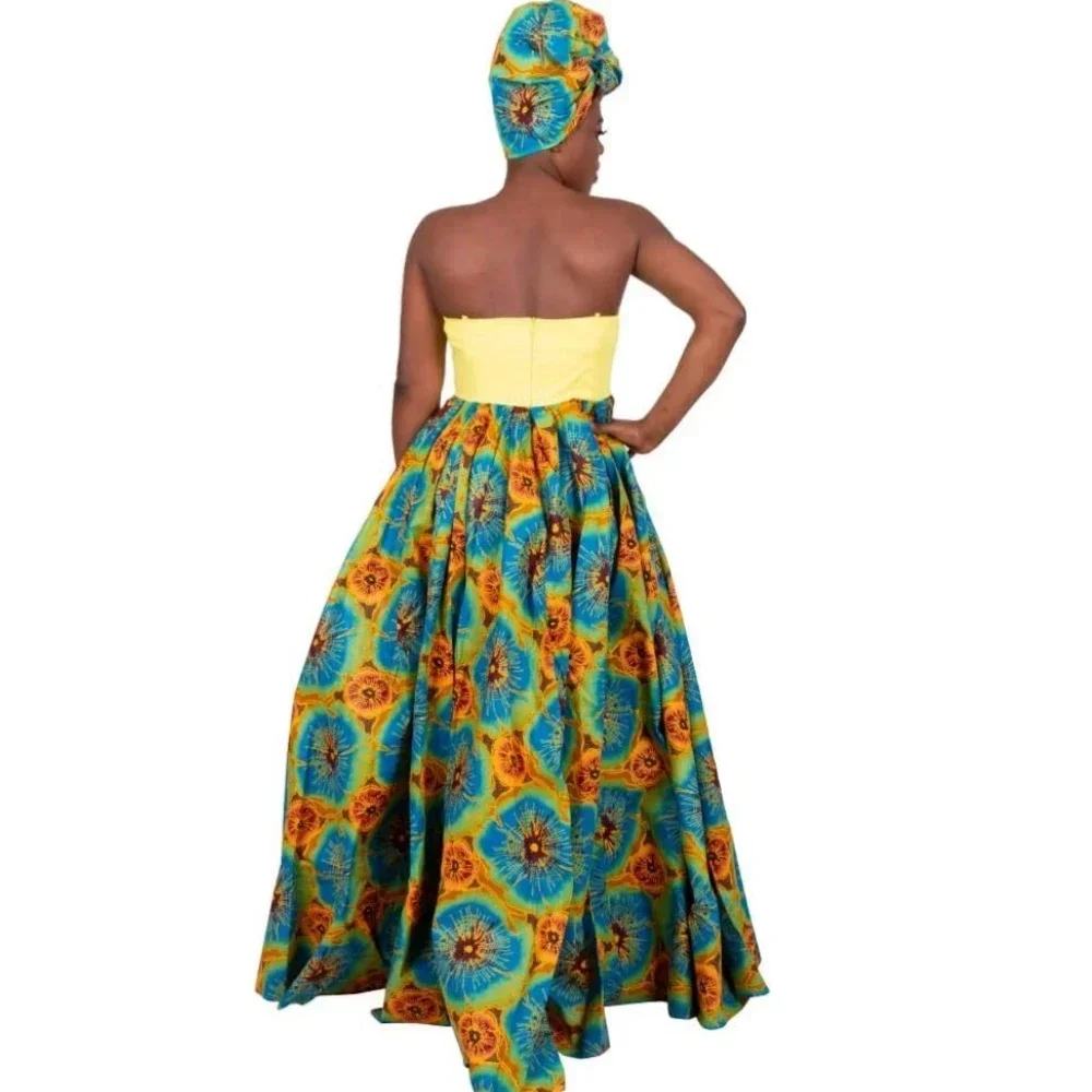 Womens African Dress Dashikis Print Ball Gown Party Dress Maxi and Strapless Women Clothing with Free Headwear Plus Size WY1805