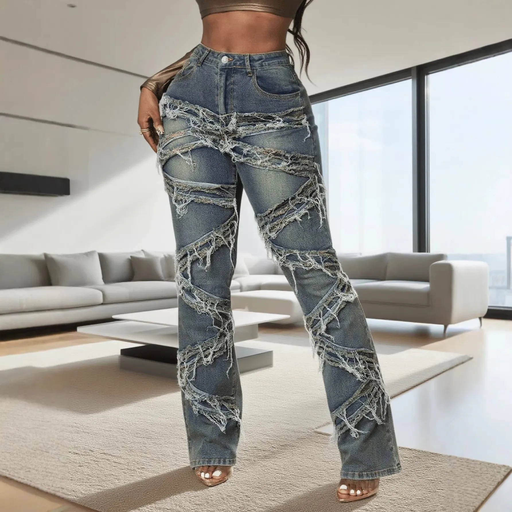 

Y2k Women Baggy Jeans Flared Mid Waist Denim Pants Washed Distressed Denim Jeans Frayed Hem Patchwork Wide Leg Jeans Pants