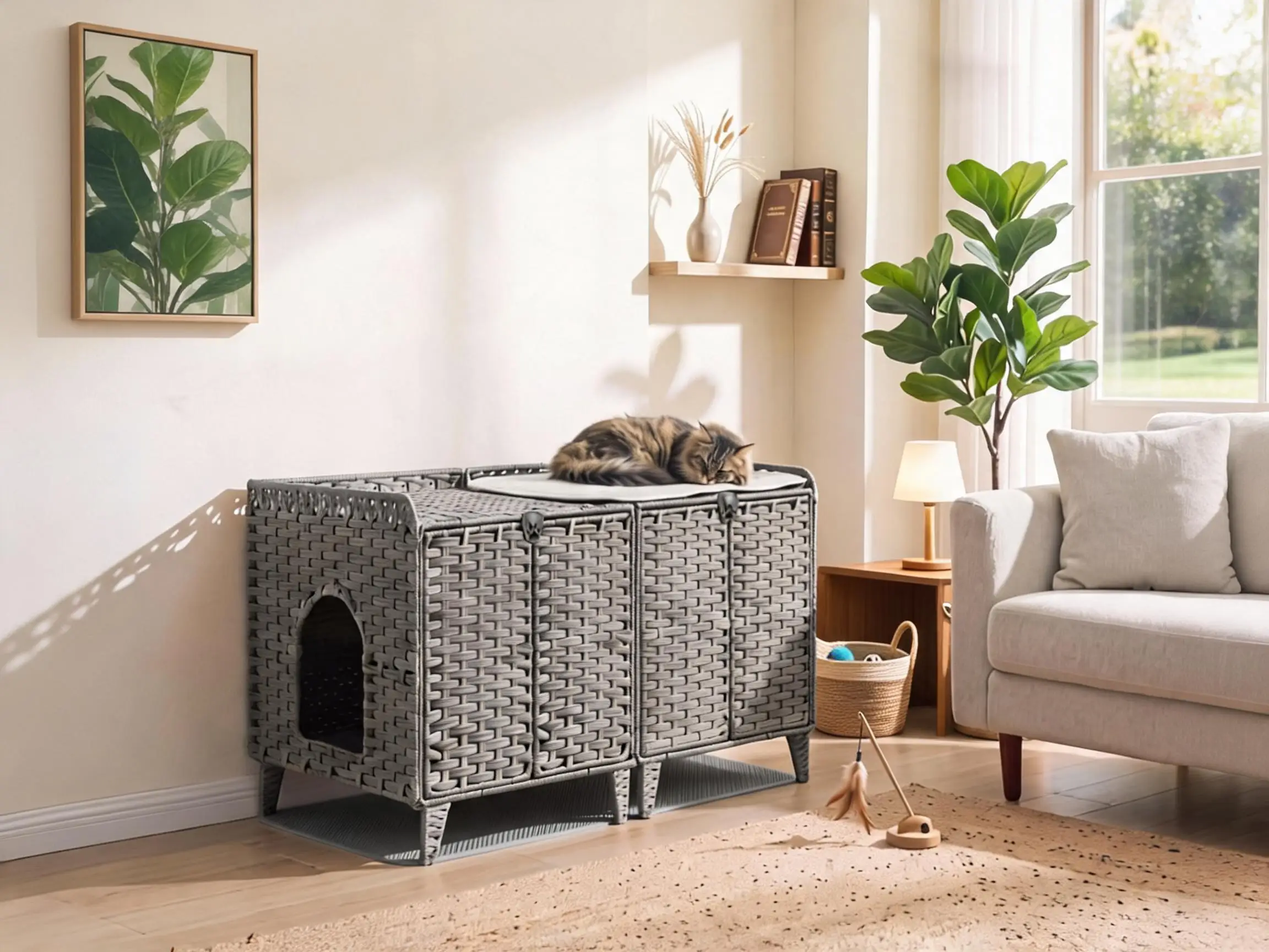 Hidden Rattan Cat Litter Box Enclosure For Cats Odor Free Easy Clean Wicker Cabinet With Airflow Vents