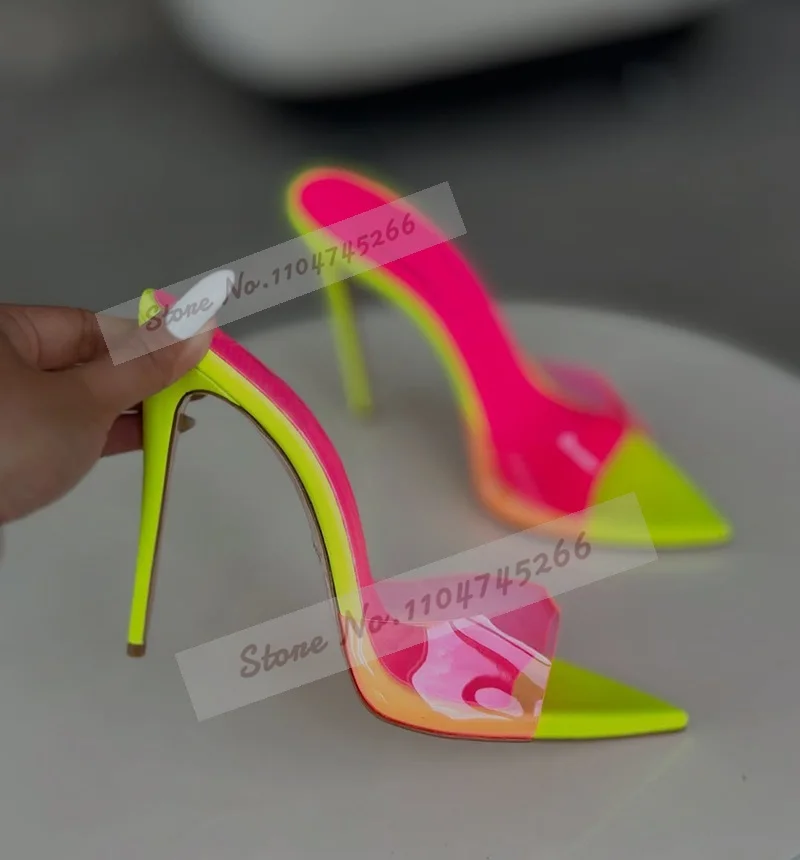 الهولوغرام قزحي الألوان واضح بولي كلوريد الفينيل عالية الكعب البغال الوردي جلد الثعبان أشار تو فساتين راقية النعال الانزلاق على الصنادل الأنيقة مضخات