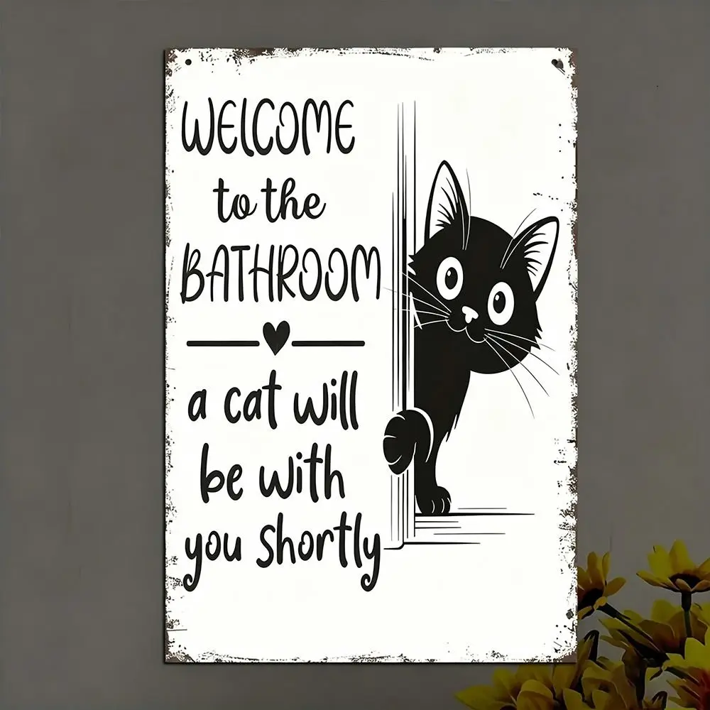 New 2D Flat 2D Round Welcome Sign Retro Style Cat Print Hanging Wooden Board Floral Print Warm Home Wall Sign Front Door Decor