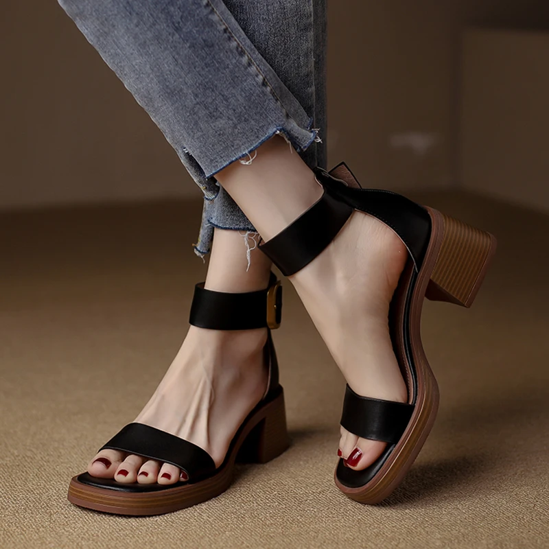 RIZABINA Genuine Cow Leather Sandals Block Mid Heels Women Roma Sandals Open Toe Retro Buckle Sandals Ankle Strap 2023 Trend