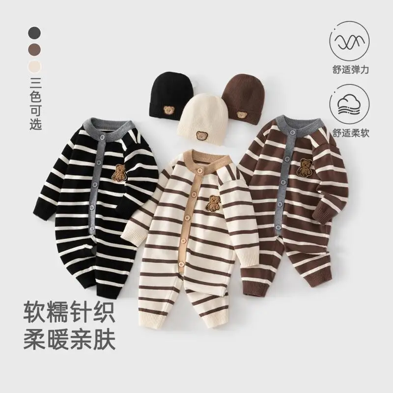 

Осень-зима для мальчиков и девочек, детское боди Kawaii, трикотаж, утепленная хлопковая теплая одежда для дома, комбинезон в полоску на флисовой подкладке, детская одежда