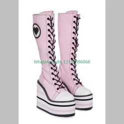 Lady Y2K pink wedges heel platform knee boots pink canvas design Mary Janes Lolita boots new arrive cowboy footwear size 33-46