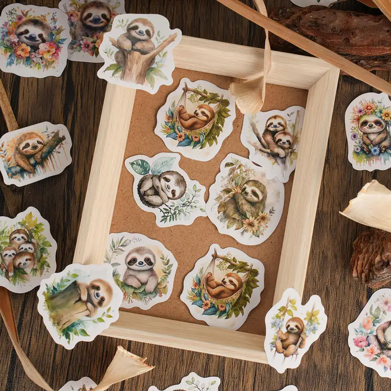 46pcs PVC Cute Cartoon Animal Sloth Collage Rich Patterns Student DIY Stationery,Cups,Mobile Phones Decoration Stickers