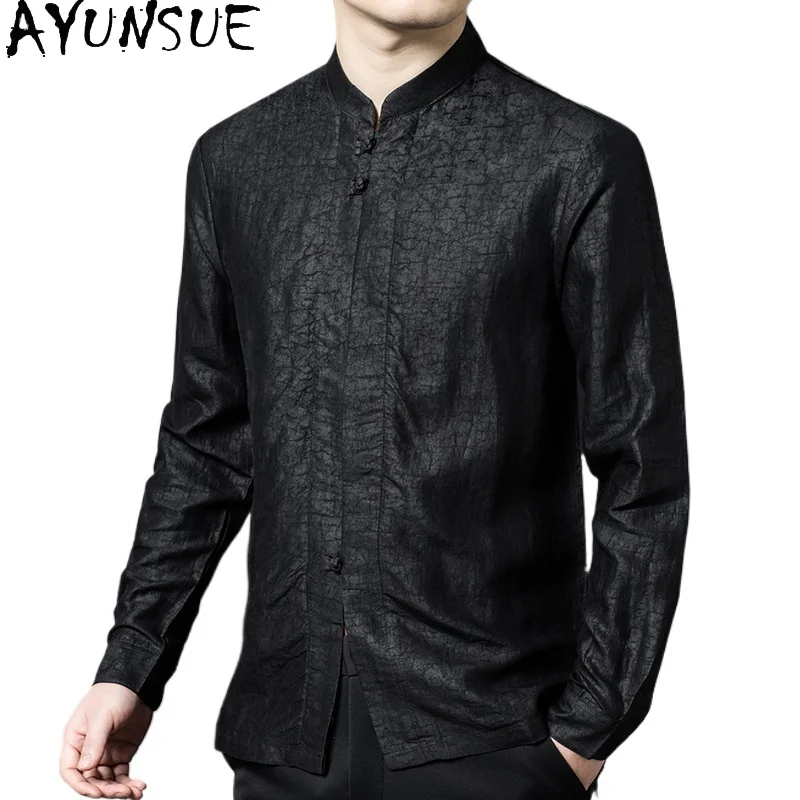 

AYUNSUE 2026 Spring Autumn 100% Real Mulberry Silk Shirt Men Clothing Casual Stand Collar Tops Gauze Silk Shirts Long Sleeve