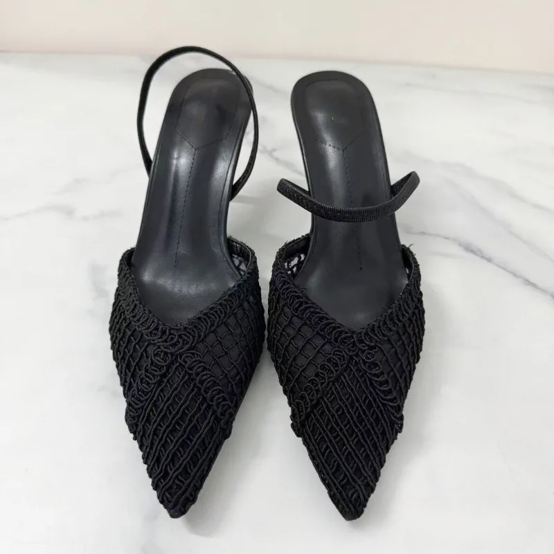 Pointed Toe High Heels Women Sandals Woven Mesh Design Slingbacks Summer Footwear Breathable Hollow Out Female Dress Shoes