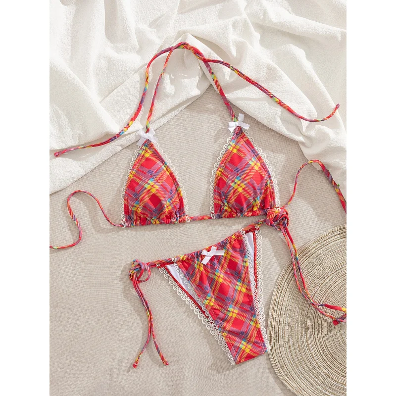 여름 레트로 퍼플 체크 수영복 해변 휴가 작은 가슴 삼각 타이 비키니 섹시한 온천 수영복 여성용