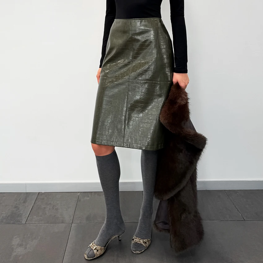 Linad Vintage Green PU Knee Length Skirts For Woman Elegant Slim High Waist Zipper Skirts 2026 Fashion Straight Skirt Female