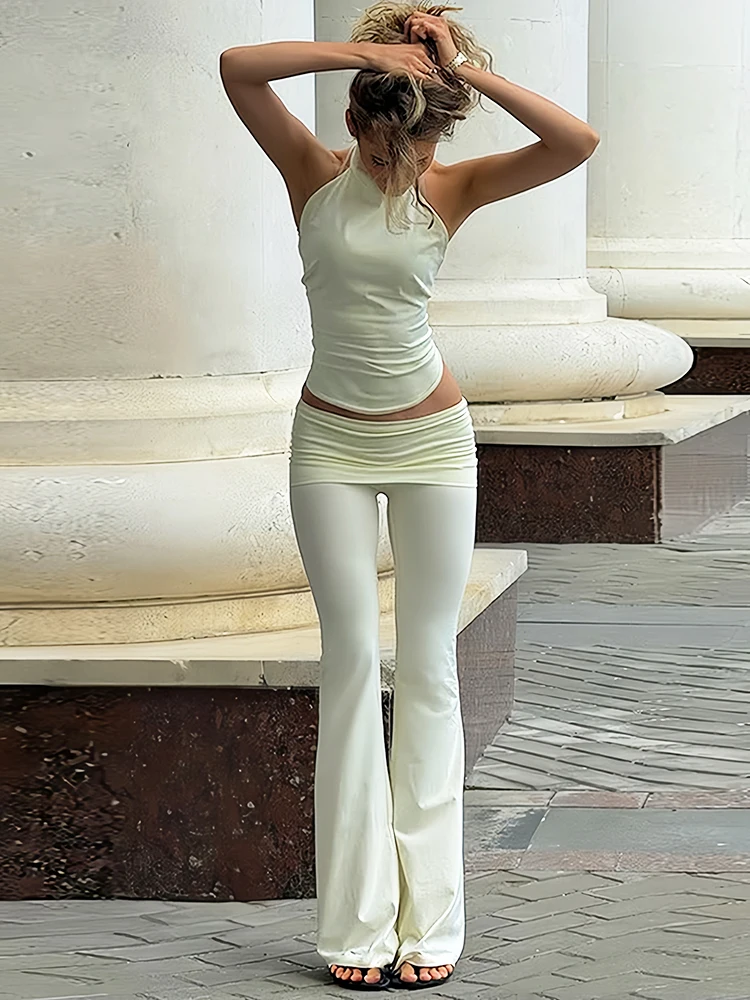 

Oniflyme сексуальные расклешенные брюки комплект из 2 предметов женская водолазка без рукавов жилет с высокой талией и рюшами брючный костюм повседневная уличная одежда наряды