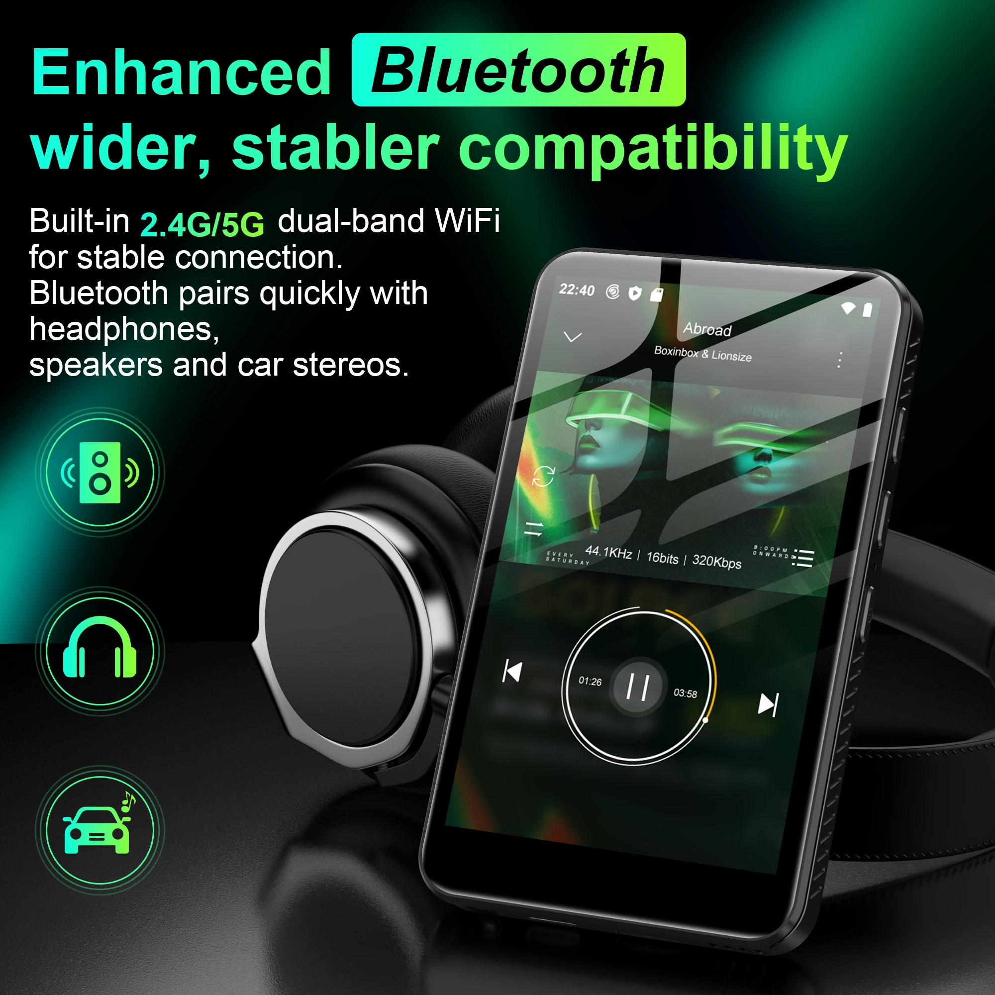 32GB/160GB Android 13.0 MP3 Player Built‑in Storage Bluetooth WiFi 4‑Inch Screen Speakers FM Radio TF Card Expandable Up To 1TB