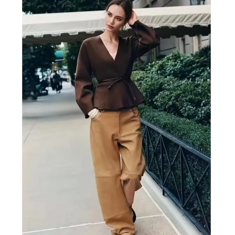 

Women's Belt Knitted Jacket Autumn Fashion Basics V Neck Long SleeveTop England Style Solid Female Cardigan