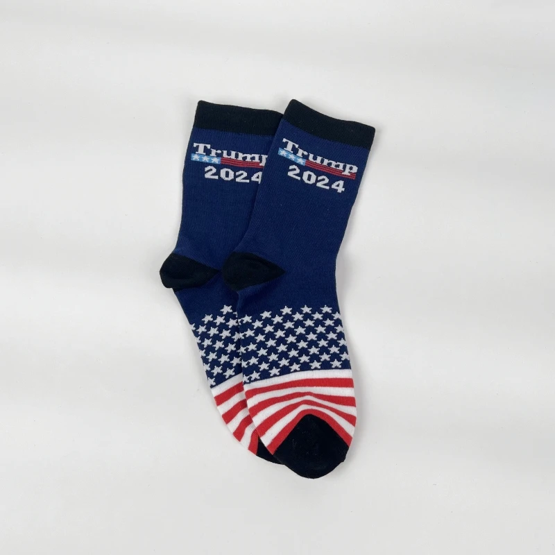 A Pair Of 2024 Trump Trend Star and Stripes Patterned Mens Mid-Tube Socks ,Comfortable,  Soft Cotton Blend Fabric,  Alphabetic P