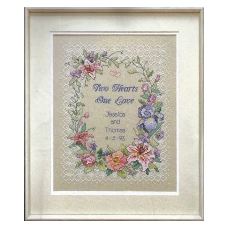 Amishop Count Canvas Cross Stitch Kits, Two Hearts Wedding Record, Heart Flowers Wreath, Haft, Dim 03122