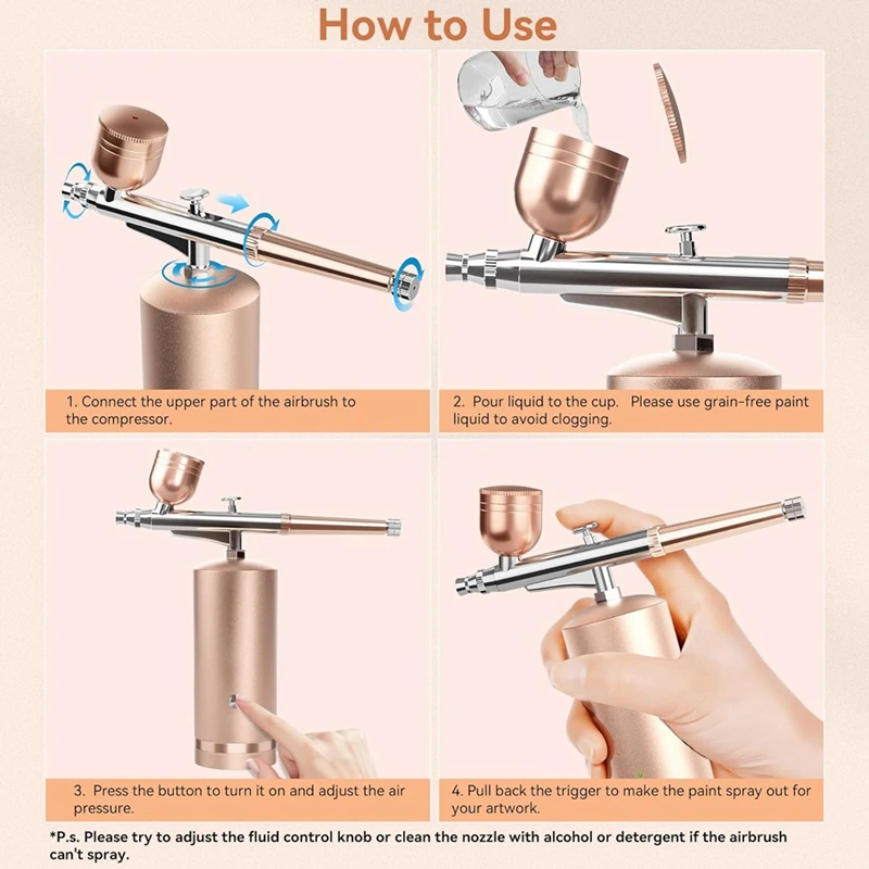 Airbrush Kit with Compressor - 48PSI Rechargeable Cordless Non-Clogging High-Pressure Air Brush Set ,Champagne Gold