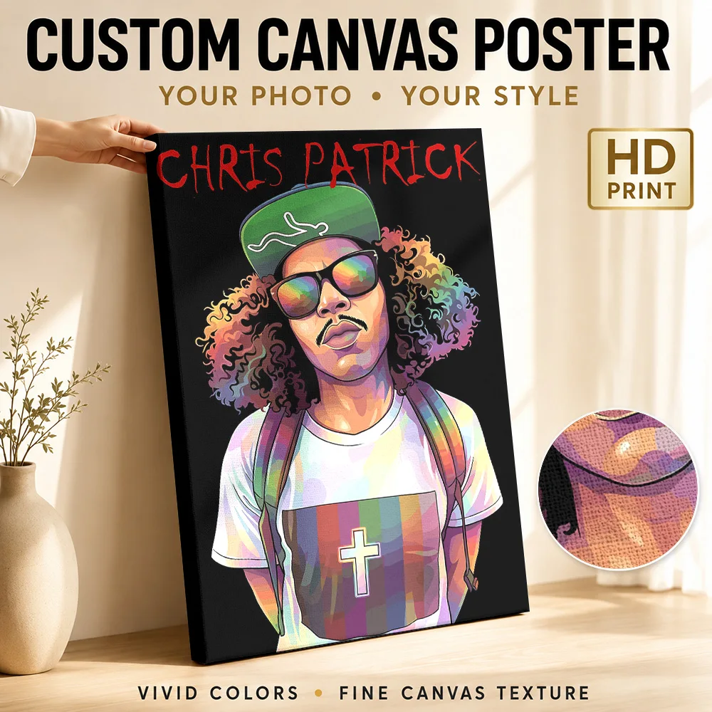 Chris Patrick Portrait with Rainbow Accents Framed Canvas Print Poster Personalized Modern Aesthetic Wall Art for Office Decor